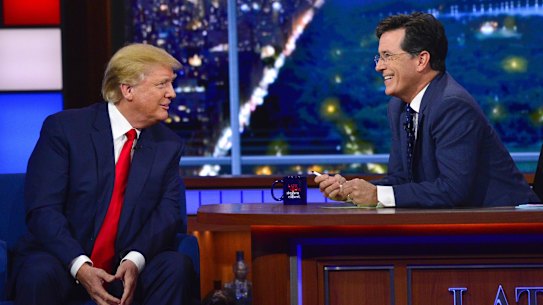 Donald Trump appears on The Late Show with Stephen Colbert during his 2015 presidential campaign.