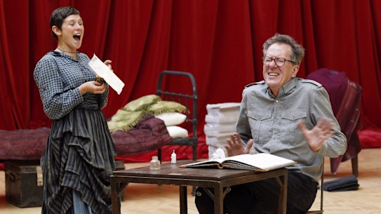 Yael Stone and Geoffrey Rush in 2010 during rehearsals for The Diary of a Madman.