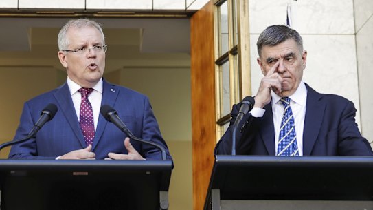 Prime Minister Scott Morrison and Chief Medical Officer Professor Brendan Murphy during a press conference on Wednesday.