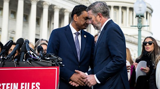 Democrat Representative Ro Khanna, left, and Republican Thomas Massie, during a news conference outside the US Capitol in Washington DC on Tuesday.