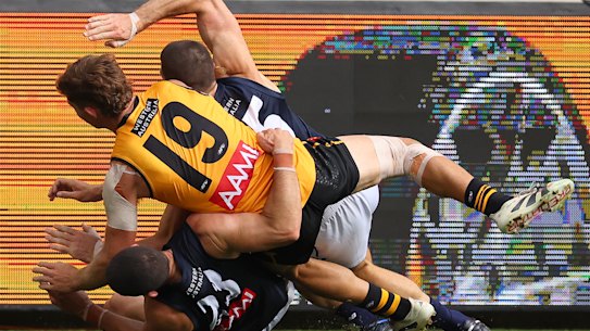 Jacob Weitering was seriously injured in this fall in the state of origin match in Perth.