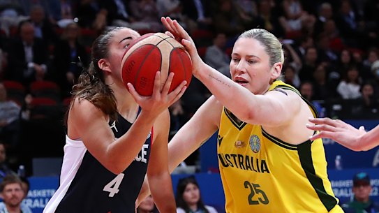 Lauren Jackson of Australia blocks Marine Fauthoux of France.