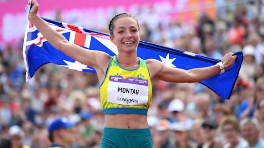 Jemima Montag celebrates after winning gold in the women's 10,000m race walk final.