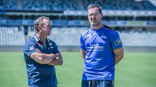 Brumbies coach Dan McKellar with Raiders coach Ricky Stuart.