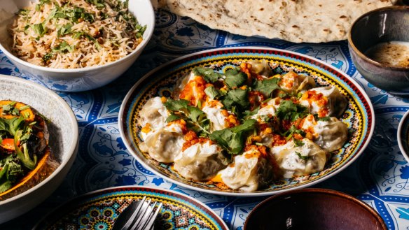 Lamb mantu dumplings in tomato and lentil sauce at Kabul Social.