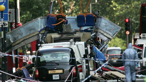 The wreckage of a double decker bus with its top blown off at Tavistock Square in London  on July 7, 2005.