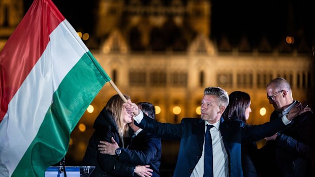Peter Magyar celebrates after ousting Viktor Orbán as Hungary’s prime minister, winning two-thirds of the seats.