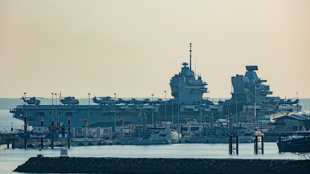 Britain’s HMS Prince of Wales aircraft carrier docked at Darwin on Thursday.
