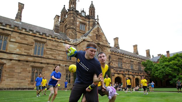 Students from the Quidditch Society, one of many quirky but beloved collectives, at the University of Sydney in 2013. 