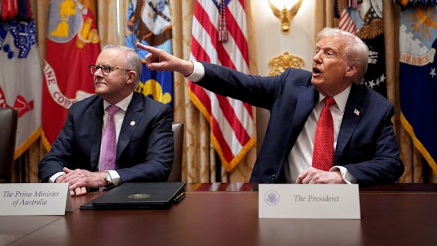 Anthony Albanese and Donald Trump in the White House Cabinet Room, where they were joined by JD Vance, Pete Hegseth and Marco Rubio.