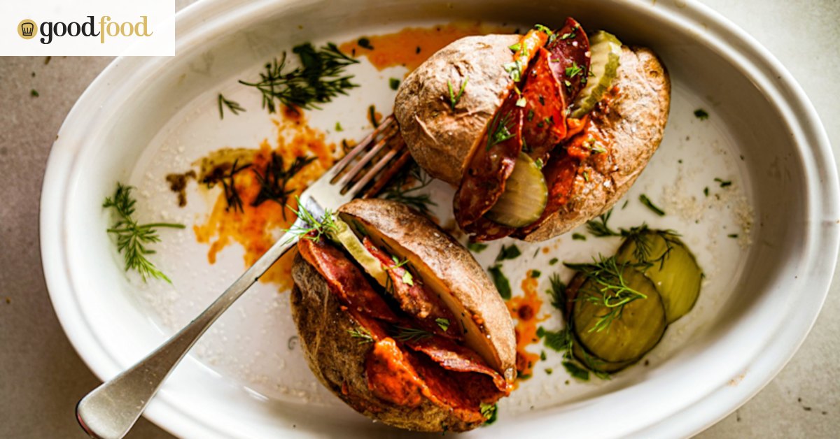 Baked potato with Bloody Mary butter, crisp bacon and dill pickles