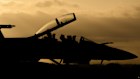 A silhouetted RAAF F/A-18F in Avalon.