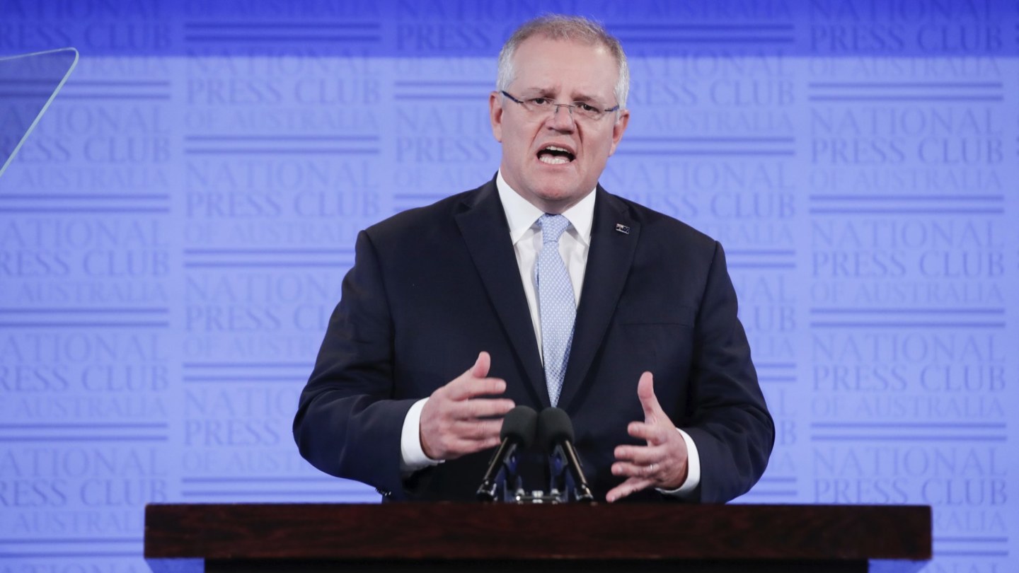 Prime Minister Scott Morrison makes a case for IR change during his address to the National Press Club of Australia, in Canberra on Tuesday.
