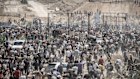 Palestinians at a humanitarian aid centre in the Netzarim Corridor, central Gaza Strip last Thursday.