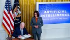 US President Joe Biden, with Vice President Kamala Harris, as he signed the AI executive order.