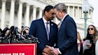 Democrat Representative Ro Khanna, left, and Republican Thomas Massie, during a news conference outside the US Capitol in Washington, DC, US, on Tuesday.