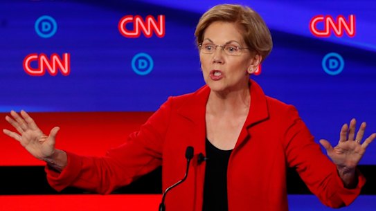 Sen. Bernie Sanders, I-Vt., and Sen. Elizabeth Warren, D-Mass., participate in the first of two Democratic presidential primary debates hosted by CNN Tuesday, July 30, 2019, in the Fox Theatre in Detroit