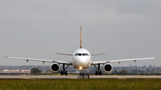A plane prepares for take-off at Melbourne Airport.