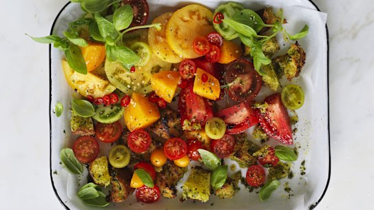Adam Liaw’s heirloom tomato and bread salad.