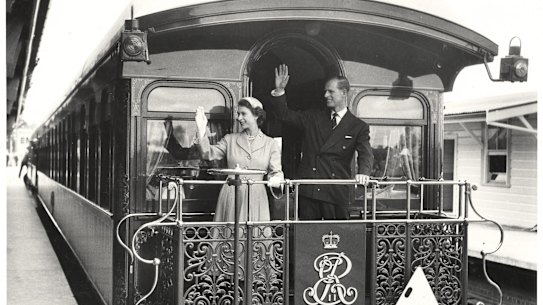 The Queen and Prince Philip on the royal train at Central Station, Sydney.