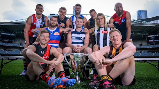 The 2023 Victorian AFL captains at Marvel Stadium in Melbourne.