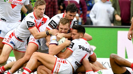 Tom Trbojevic proves tough for the Dragons defence to handle in Sunday's win. 
