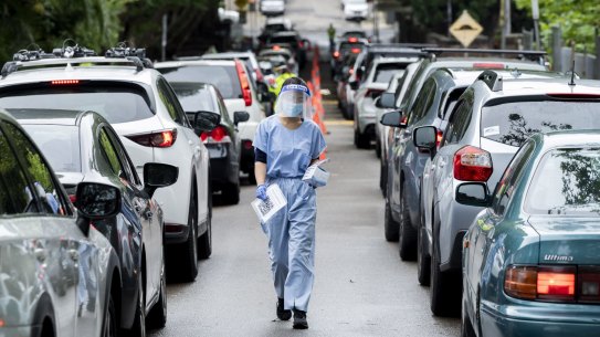 A drive-through COVID-19 testing clinic on Rozelle, Sydney.