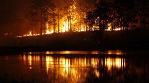 Hillville fire reflects on water during NSW bushfire emergency. 12 November 2019. Photo Dean Sewell