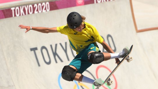Keegan Palmer competes in the men’s skateboarding park finals at the Tokyo Olympics. 