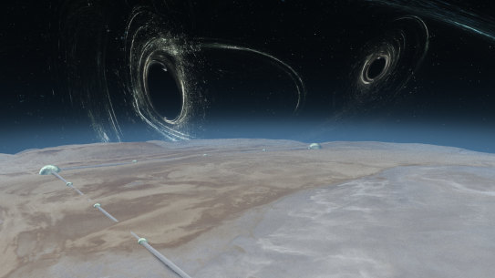 An artist's impression of how a 40 kilometre gravity wave observatory would look. In the sky above it are some of the black holes it might detect.