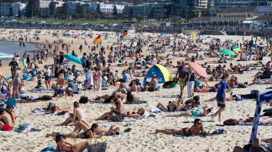 Bondi Beach on August 30. People should stay a towel-length apart at the beach, the government says.