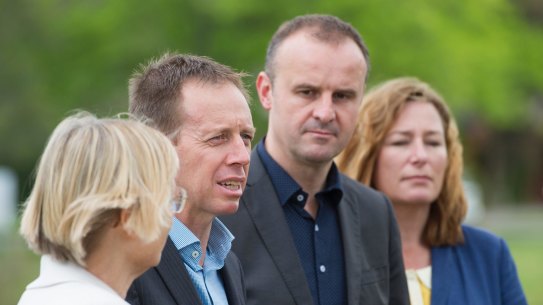 ACT  Greens members Caroline Le Couteur and Shane Rattenbury with Labor Chief Minister Andrew Barr and ACT Labor Yvette Berry in happier times. The Greens have broken rank to raise concerns about the CTP ill being pushed by Labor. 