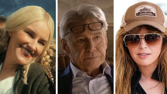 Top streaming in January (from left): Kate Mulvany in Hunters, Harrison Ford in Shrinking and Natasha Lyonne in Poker Face