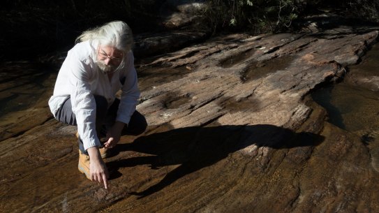 Peter Turner, from the National Parks Association of NSW, points at a crack in the rocks in the Eastern Tributary, in the Woronora catchment area, south of Sydney. New mining has been approved that will go under the reservoir.