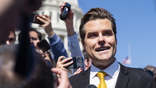 Republican representative Matt Gaetz speaks to the media outside the US Capitol in Washington.
