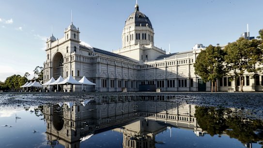 MELBOURNE, AUSTRALIA - APRIL 21: A general view outside The Royal Exhibition Building in Carlton on April 21, 2021 in Melbourne, Australia. Mass-vaccination hubs have opened in Melbourne and Geelong today, open to people eligible for the COVID-19 vaccine. Any Victorian eligible to be vaccinated under phase 1a or 1b will be able to receive a COVID-19 vaccine at Melbourne's Royal Exhibition Building, the Melbourne Convention and Exhibition Centre or at Geelong's former Ford factory from today. (Photo by Darrian Traynor/Getty Images) *** BESTPIX ***