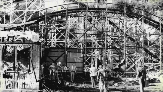 At the Luna Park, ghost train incident.
What is left of the Luna Park ghost train which was burnt down last night. June 10, 1979. (Photo by Dallas Smith/Fairfax Media).