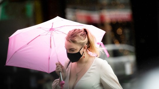 People wear covid masks on a wet day in Randwick, Sydney. 29th January 2020 Photo: Janie Barrett