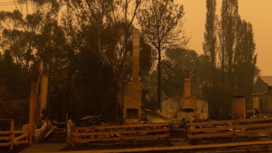 Bushfires. Cobargo, a town on the NSW south coast that has been devastated by bushfires yesterday. Photo shows Cobargoâs main road and itâs burned out shops. Photographed Wednesday 1st December 2020. Photograph by James Brickwood. SMH NEWS 200101