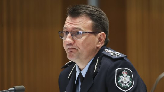 Australian Federal Police (AFP) Commissioner Reece Kershaw during a Senate estimates hearing at Parliament House in Canberra on  Monday 22 March 2021. fedpol Photo: Alex Ellinghausen