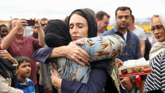 Prime Minister Jacinda Ardern hugs a mosque-goer at the Kilbirnie Mosque in Wellington in 2019 following the Christchurch massacre. Her response to the attack was lauded around the world.