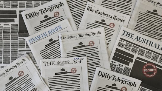 The front pages of Australian newspapers for the Your Right to Know campaign.