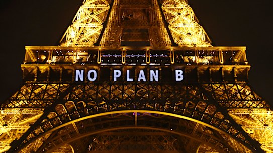 The slogan "NO PLAN B" is projected on the Eiffel Tower as part of the COP21, United Nations Climate Change Conference in Paris in December 2015.