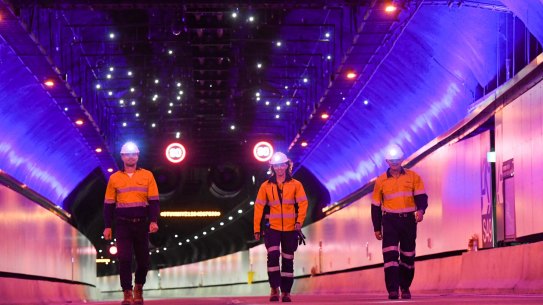 SMH News, Sydney. Story by  Tom Rabe - North Connex Tour with NorthConnex Mechanical and Electrical Manager Charles Giuttari. Photo shows, Engineers on the roadway in the south bound lanes of the tunnel. Photo by Peter Rae  Friday 25 September, 2020.