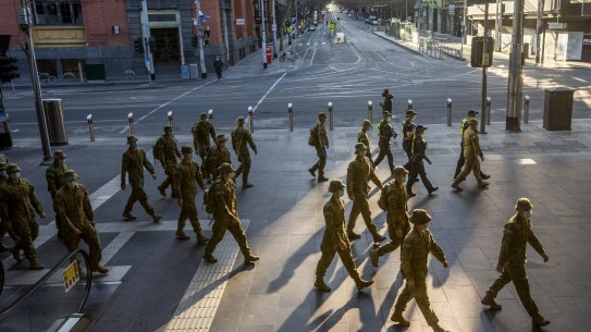 ADF and Police seen at Southern Cross station in Melbourne CBD this morning ahead of expected  tougher stage four lockdown restrictions within days. Picture by Wayne Taylor 2nd August 2020. The Age