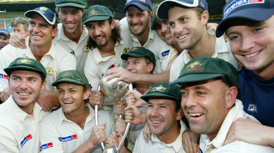 Australia pose with the Border-Gavaskar trophy after winning a Test series against India in 2004.