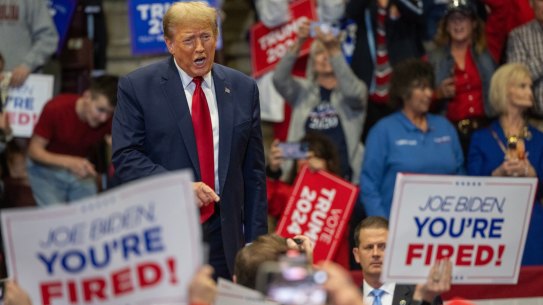 Former US president Donald Trump, greets attendees during a “Get Out The Vote” rally at Winthrop Coliseum in Rock Hill, South Carolina.