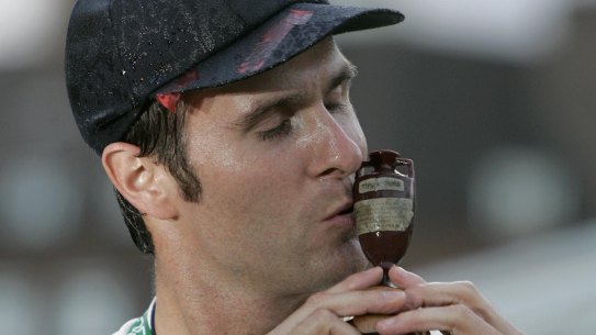 Michael Vaughan celebrates England’s shock Ashes triumph in 2005.