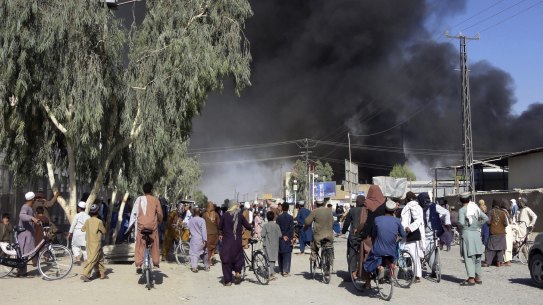 Plumes of smoke rise into the sky after fighting between the Taliban and Afghan security personnel in Kandahar, Afghanistan, southwest of Kabul.