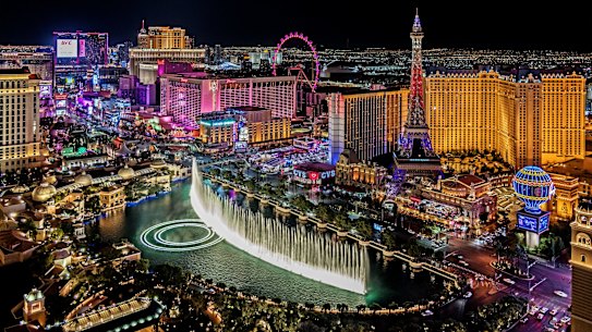 Las Vegas, USA - November 27, 2021  The famous Las Vegas Strip with the Bellagio Fountain. The Strip is home to the largest hotels and casinos in the world. iStock image for Traveller. Re-use permitted.
